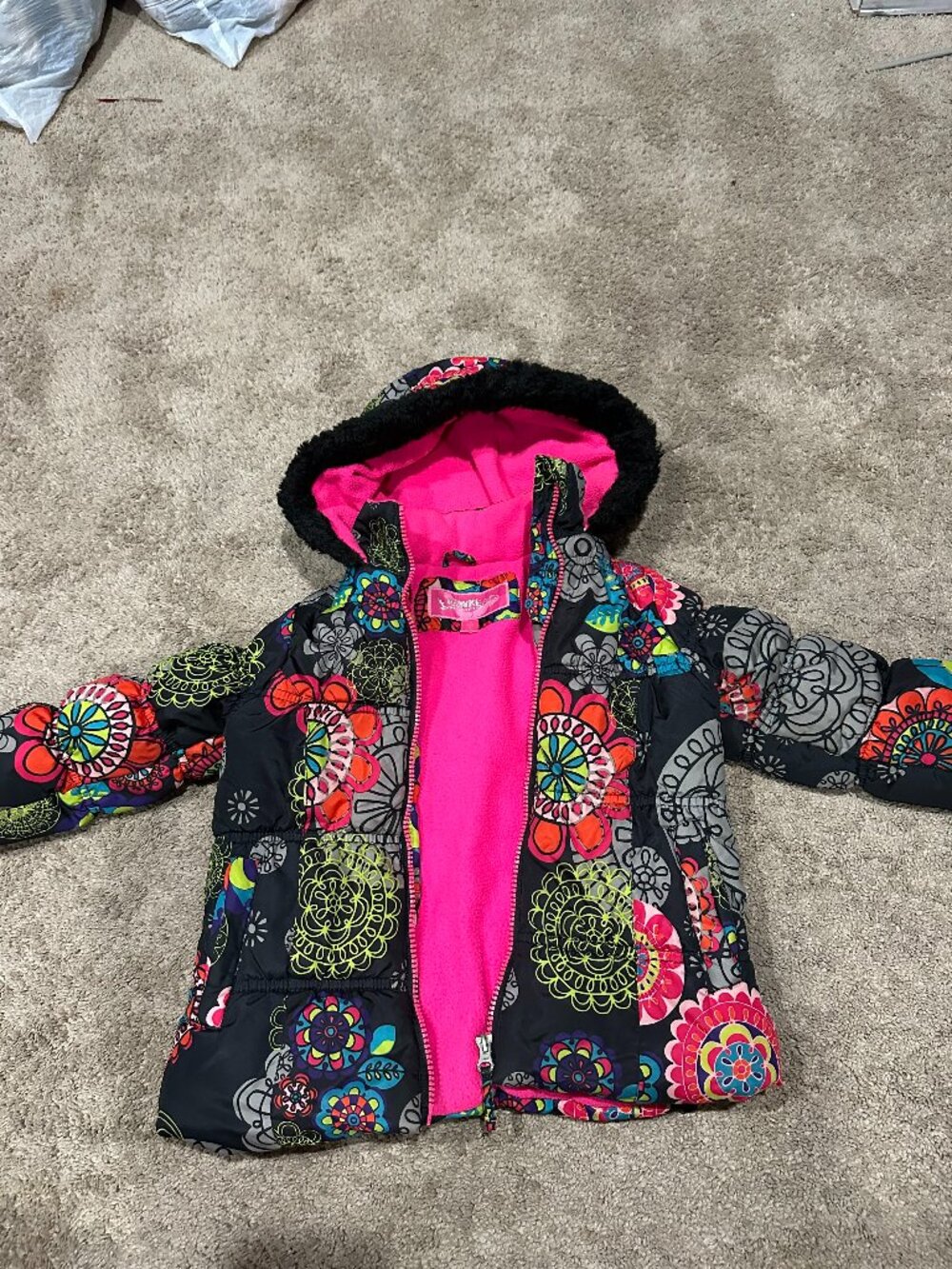 Hawke & Co Girls Size 4 Puffer Jacket Black Floral Mandala Pink Fleece Lined Hoo